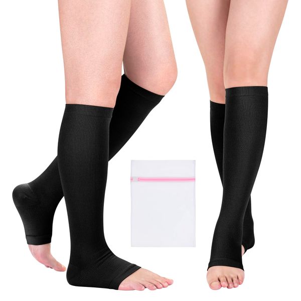 2 x Medical Compression Socks Varicose Knee Vein Blood Flow Open Teo Support Flight Stockings Strengthen Breathable Material Black - Small/Medium