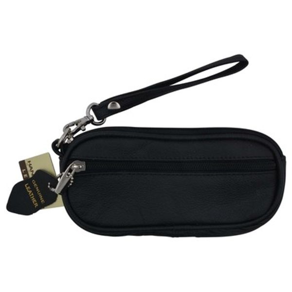 Genuine Leather Zippered Double Eyeglass Sunglasses Case Holder Black