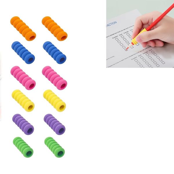 Pencil Grips for Children, 12 Pcs Pen Grips for Adults Foam Pencil Grips for Kids and Adults Easy Grip Pencils for Kids Handwriting, 6 Colours Pen Holder Grips for Relieving Fingers