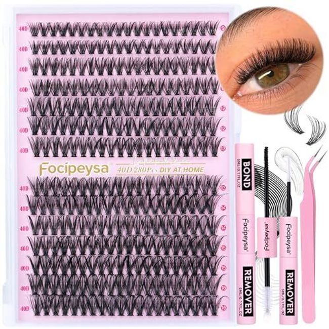 Eyelash Extension Kit D Curl Lash Clusters 280pcs DIY Lash Extension Kit 40D