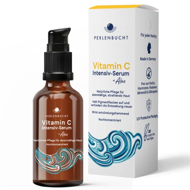 Vitamin C Intensiv-Serum + Aloe 50 ml I Hochdosiert & Vegan I Anti-Aging für Gesicht I Gegen Pigmentflecken & Pickelmale I Antioxidativ I Parfümfrei I Naturkosmetik I Made in Germany I PERLENBUCHT