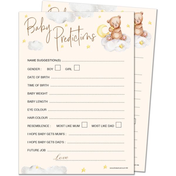 20 x Baby Prediction Cards from Olivia Samuel - Baby Shower Game – Unisex Neutral Teddy Bear Design - Made in The UK