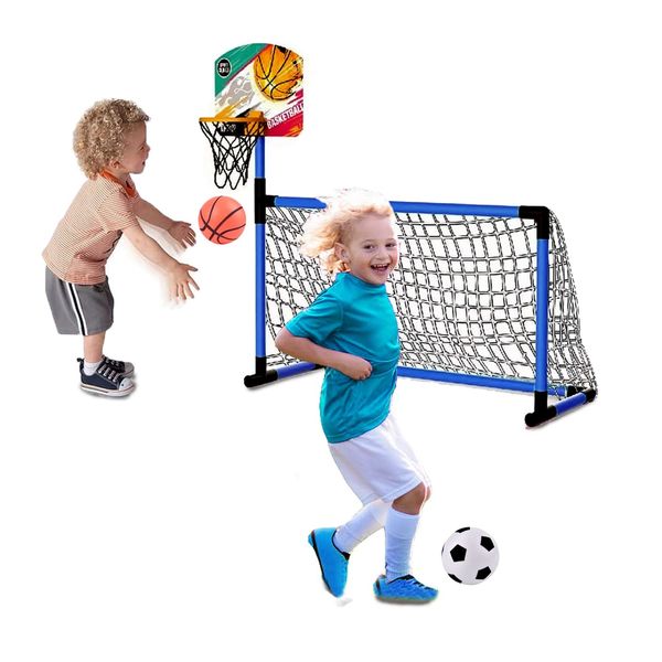 xwin sportseries 2 in 1 Football Goal Basketball Stand for Children, Sports Equipment with Net, Ball and Pump, Kids Soccer Goal with Basketball Hoop for Boys and Girls Outdoor Indoor Activities Toy