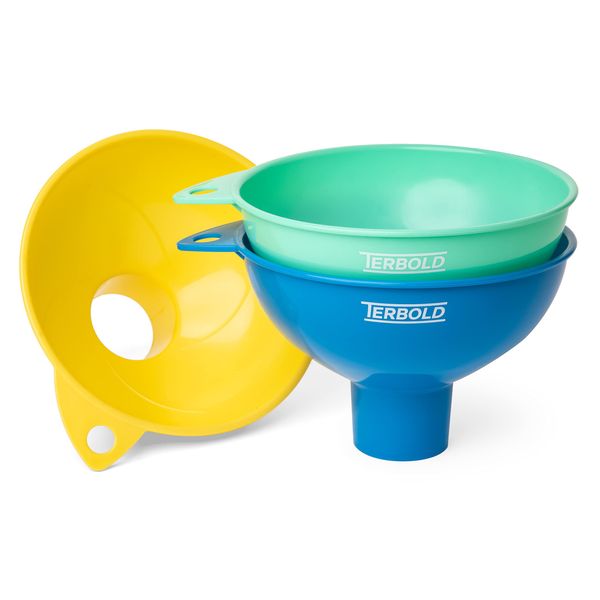 Terbold 3pc Wide Mouth Canning Funnels Set | Large Food Grade Plastic Funnels for Kitchen Use, Filling Bottles and Mason Jars (Blue, Green, Yellow)