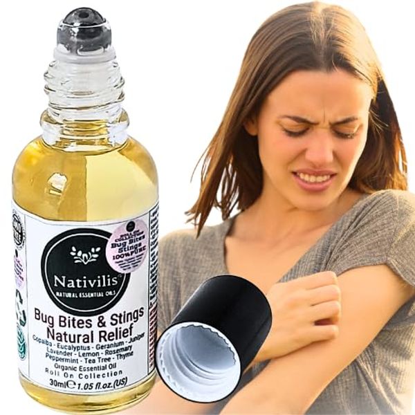 Nativilis Natural Relief for bug bites stings mosquito nettle fleas Organic Essential Oil Formula Roll on ball Stainless Steel 30ml Daily Use Travel Easy to carry in your purse bag Copaiba Properties