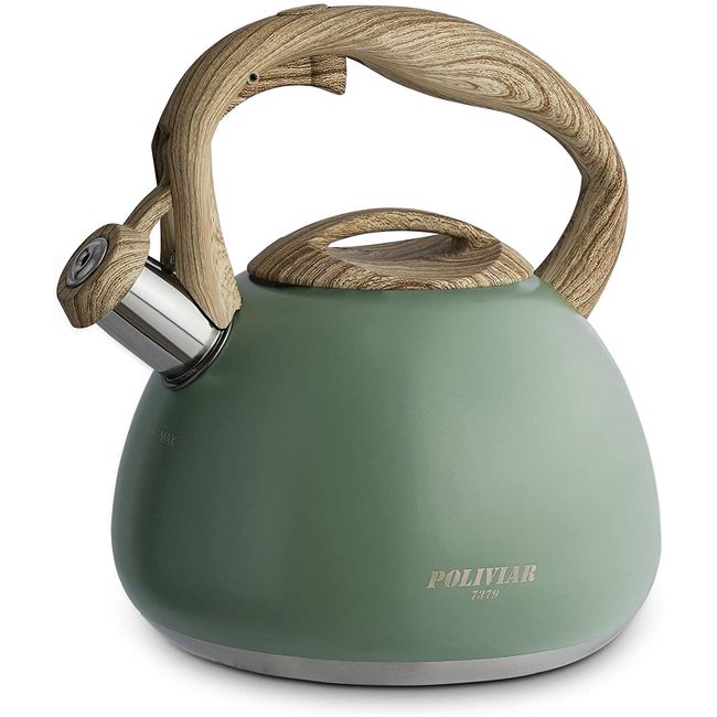 POLIVIAR 2022 Kettle, Whistling Kettle, Stainless Steel, Woodgrain Handle, Touch Button, Wide Mouth, Large Capacity, Induction Compatible, Gas Compatible, Stylish, For Families, Green