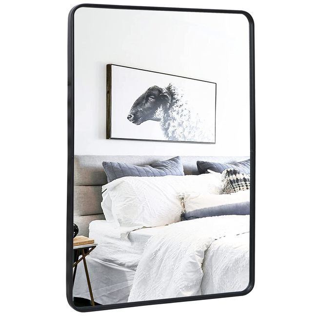 24"x36" Black Wall Mirror for Bathroom Metal Frame with Rounded Corner Rectangul