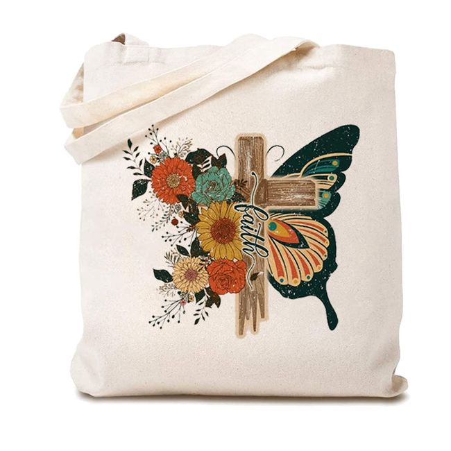 Christian Canvas Tote Bags for Women Flower Butterfly Faith Cross Shoulder Bag Shopping Bag Christian Gift White