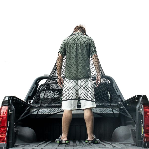 Cargo Net for Pickup Truck Bed, Trucks Cargo Net Mesh Organizer, 4'x4' Stretch to 7'x7' Highly Elastic Truck Bed Net for Camping, Trip Luggage, Compatible with Trailer, Ford, Chevrolet, Dodge