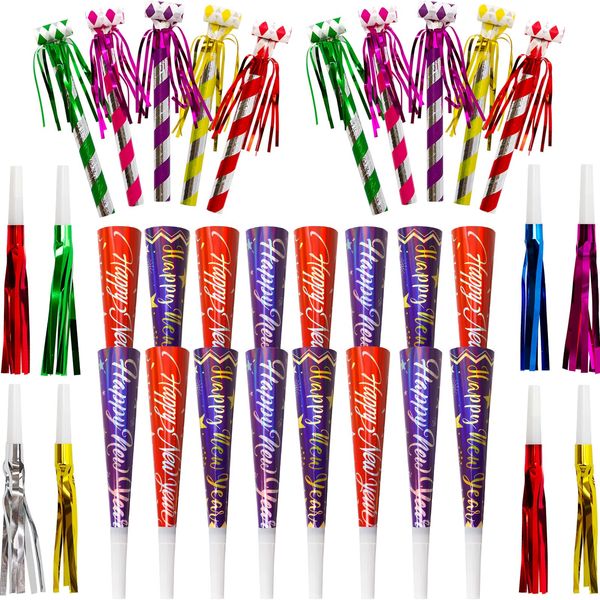 50 Pack Happy New Year Noise Makers Horns Tassel Squawkers 2025 Colorful Party Noisemaker Set Adults Kids Party NYE Party Favor Supplies