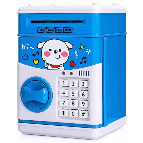 KMiKE Electronic Dog Piggy Bank for Kids Cash Cartoon ATM Money Saver Bank for Kids with Password & Music Great Gift Toy for Kids Children (Blue)