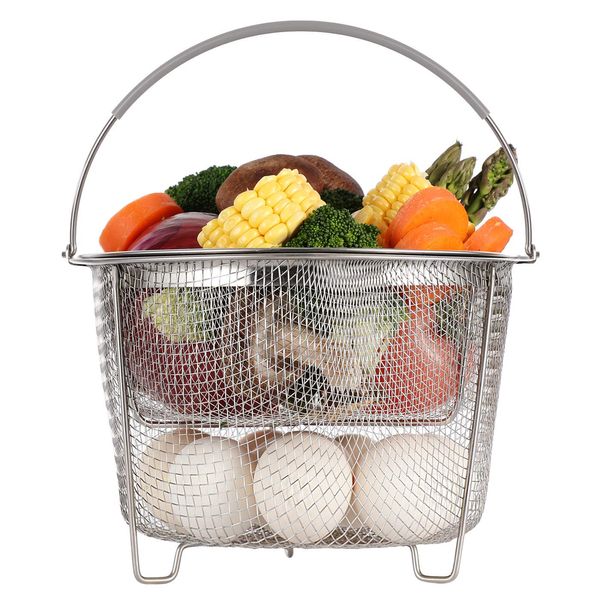 AOZITA Steamer Basket for Instant Pot Accessories 6 qt or 8 quart - 2 Tier Stackable 18/8 Stainless Steel Mesh - Silicone Handle - Vegetable Steamer Insert, Egg Basket, Pasta Strainer,Silver