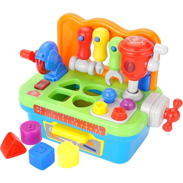 Toddler Tool Bench 1 Year Old Boy Toys, Kids Tool Bench Toys for Toddlers 1-3, Multifunctional Early Learning Tool Toy Baby Workbench Toy with Light & Sound, Baby Tool Set with Shape Sorter