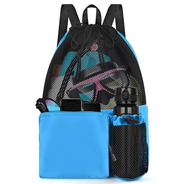 BROTOU Drawstring Mesh Swimming Bag, 30 Litre Water Sports Backpack with Wet/Dry Pocket, Multifunctional Sports Bag for Kids, Adults, Swimming, Surfing, Beach, Travel (Light Blue)