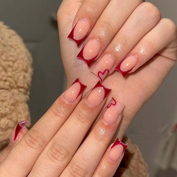 YoYoee Short Square False Nails French Press on Nails Red Fake Nails Acrylic Cute Nails Tips for Women and Girls 24PCS