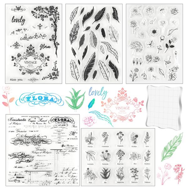 5 Stück Silikonstempel Blumen, Stempel Blumen Clear Stamp, Zeichen Blumen und Blätter Silikon Stempel mit Acrylblock, Vintage Silikon Stempel Set für DIY Journal Pflanzen Scrapbooking