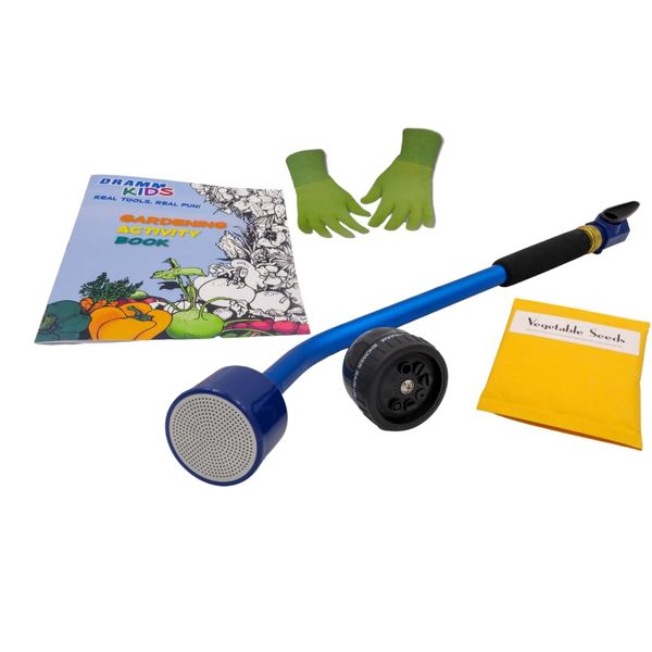 Dramm Kids Limited Edition Gardening Set, Ages 3-12: Includes Blue 16” Sunrise Rain Wand, 9-Pattern RainSelect Spray Head, Spring Green Kids Gardening Gloves, Gardening Activity Book, Seed Packet