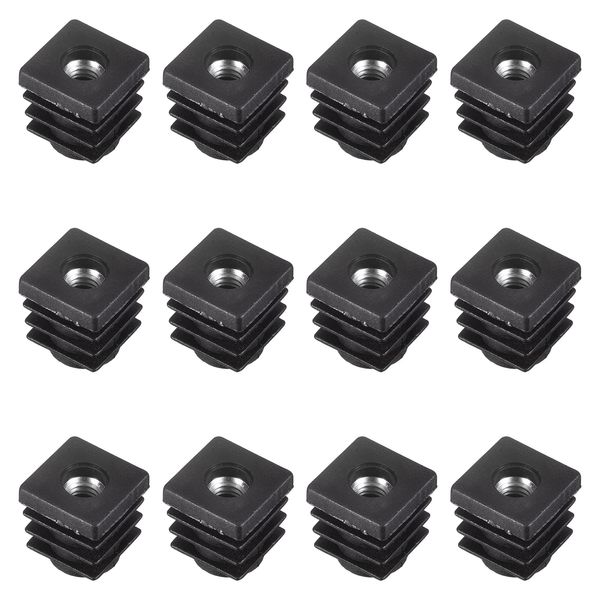 uxcell Square Tube Insert, Plastic Plug, Caster Insert, Chair End Cap, Furniture Leg Plug with M6 Screws, 0.6 inch (15 mm) Outer Diameter Square Black 12 Pieces