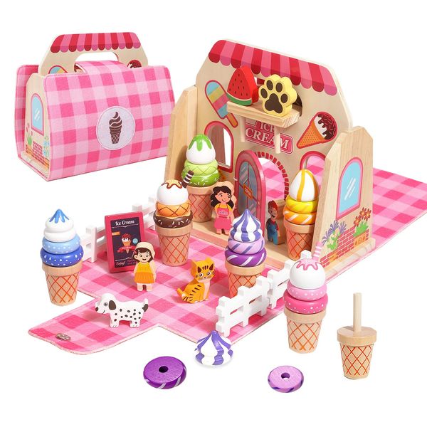 edutree Wooden Ice Cream Shop Set with Handbag, 39 Pcs Pretend Play Food Toys for Kids, Montessori Kitchen Playset Accessories for Toddlers Girls Boys 3 4 5