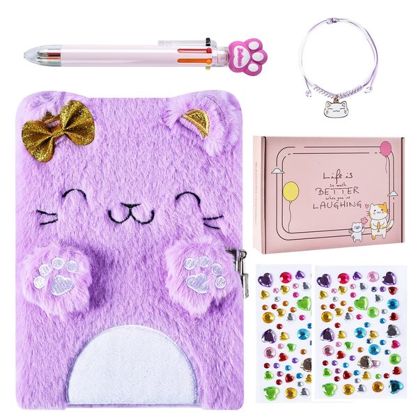 PJDRLLC Diary for Girls with Lock and Keys, Kids Journal Travel Notebook for Writing, Cute Secret Diary with Multicolored Pen, Stickers, Bracelet, Practical Gift for Birthday, Easter (A Cute Cat)