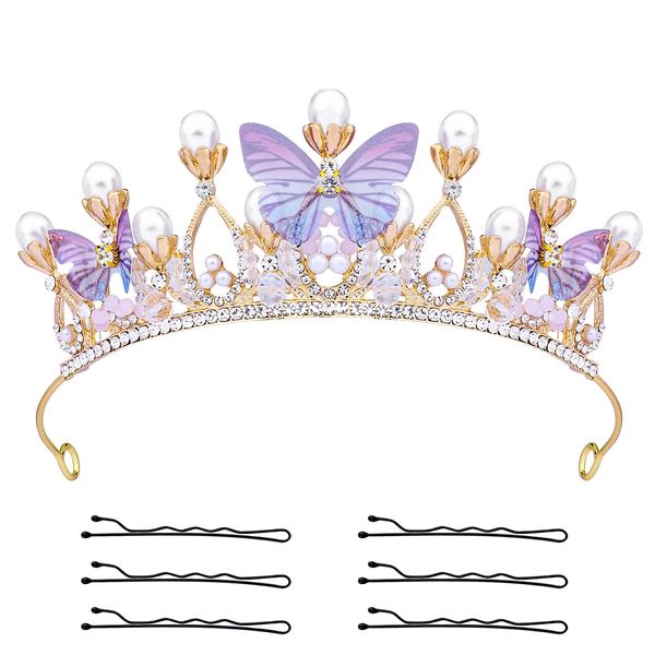 KINBOM Butterfly Crown for Girls, Princess Crown Exquisite Princess Tiara with Pearls Butterfly Tiara for Christmas Birthday Cosplay Costumes