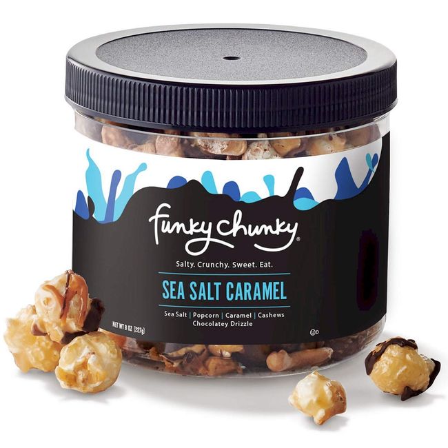 Funky Chunky Gourmet Popcorn, Chocolatey Popcorn, Pretzel, and Nutty Mixes, Sea Salt Caramel Popcorn, 8-Ounce Short Canisters (Pack of 12)