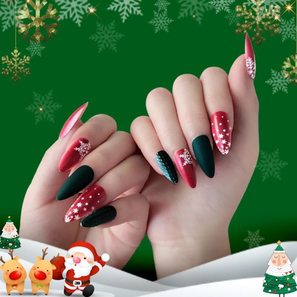 Christmas False Nails, 24Pcs Red Green Fake Nails Oval, French Press on Nails with Snowflake Elk, Acrylic Stick on Nails with Nail Glue for Women Girls Christmas Nails Art