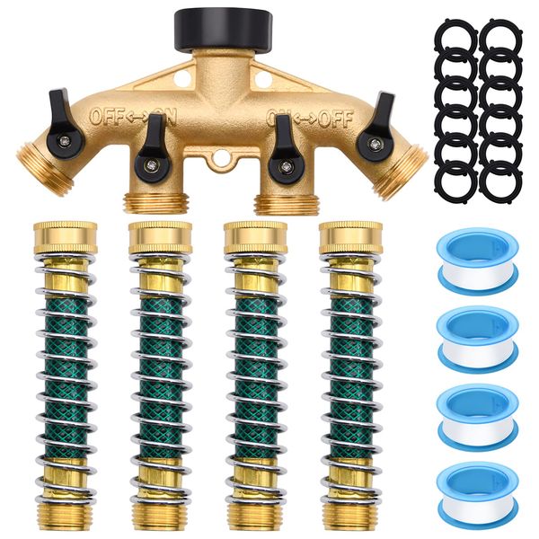 4 Way Hose Splitter with 4Pcs Garden Hose Extension Adapter, Brass Garden Hose Splitter Set, Hose Spigot Adapter with 4 Valves and 12 Rubber Washers & 4 Tapes (4 Way Splitter with 4Pcs hose protector)