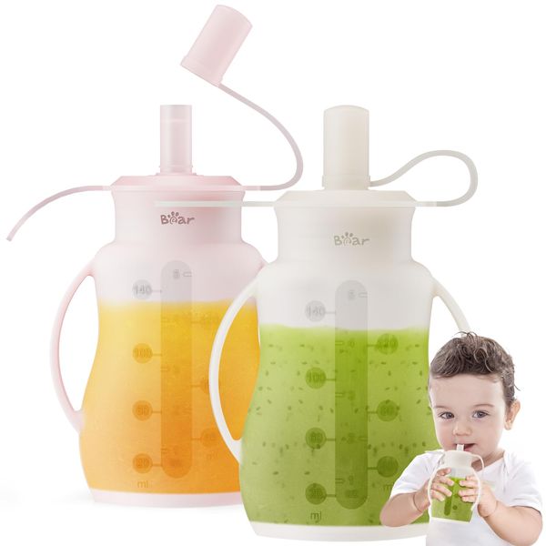 Bear Reusable Silicone Baby Food Pouches for Toddlers, BPA Free Food Grade, 2 Pack Baby Food Containers, Refillable Squeeze Pouch for Kids, Dishwasher&Freezer Safe, 4oz, 6m+