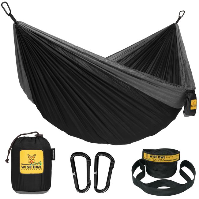 Wise Owl Outfitters Hammock for Camping Single Hammocks Gear for The Outdoors Backpacking Survival or Travel - Portable Lightweight Parachute Nylon SO Black & Grey