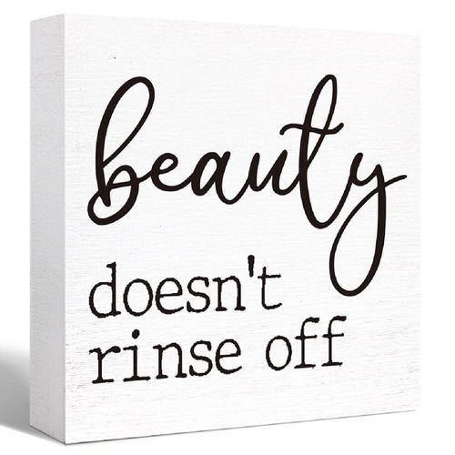 Funny Bathroom Sign Shelf Decor,Beauty Doesn't Rinse Off Wood Block Sign for Bathroom Shelf Washroom Toilet Restroom Shelves Decor 5"L x 5"W x 1.1"H