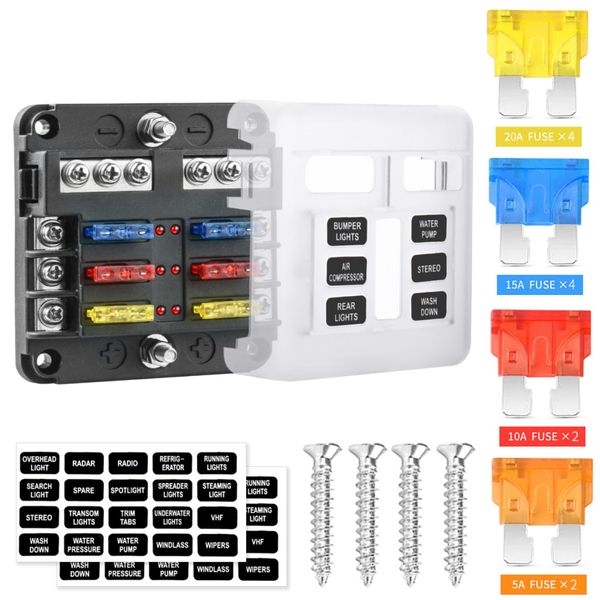 6 Way 12V Fuse Box Blade, 12Volt Fuse Block with LED Indicator Damp-Proof Cover - 6 Circuit Independent Positive Negative Fuse Box Auto Holder for 12V/24V Vehicle Car Boat Marine Truck