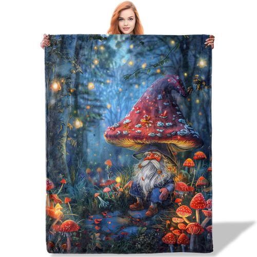 Plistiz Magical Forest Gnome Throw Blanket 50"x60", Mushroom Blankets for Living Room Couch, Home Decor, Soft Flannel Mushroom Gnome Gifts for Adults and Women