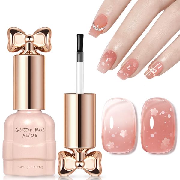 HOSAILY Nude Pink Glitter Gel Nail Polish, Sparkle Flower Sequins Holographic Glitter Gel Polish, High Shine Long Lasting Shimmer Gel Polish Soak Off UV LED Nail Art Manicure DIY Salon Home 0.35 OZ