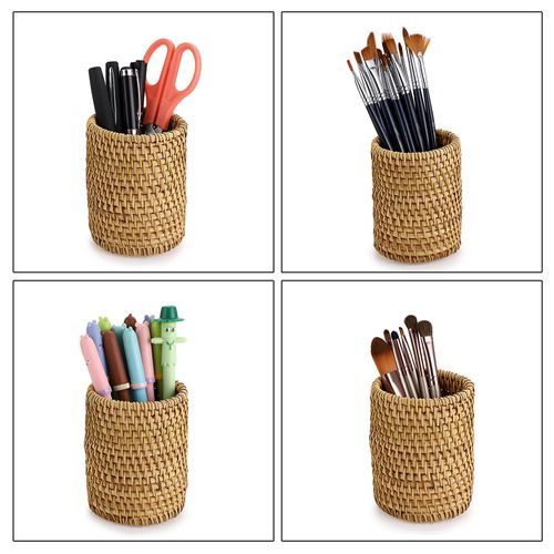 BSTKEY Handmade Rattan Woven Pencil Holder Desk Organizer, Multifunctional Stationery Storage Box Cosmetic Brushes Holder Stand, Cylinder (No Pencils)