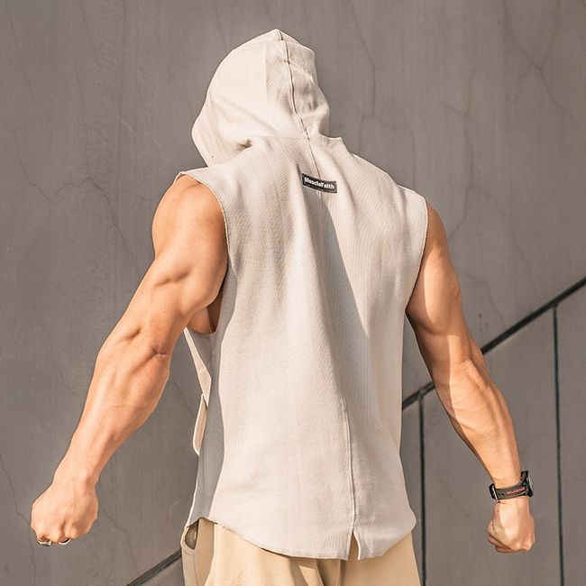 Men's gym sleeveless hooded basketball vest overfit mace training sleeveless t-shirt, gray