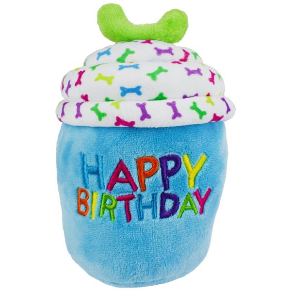 Multipet Blue Happy Birthday Cup Cake Plush Dog Toy Small