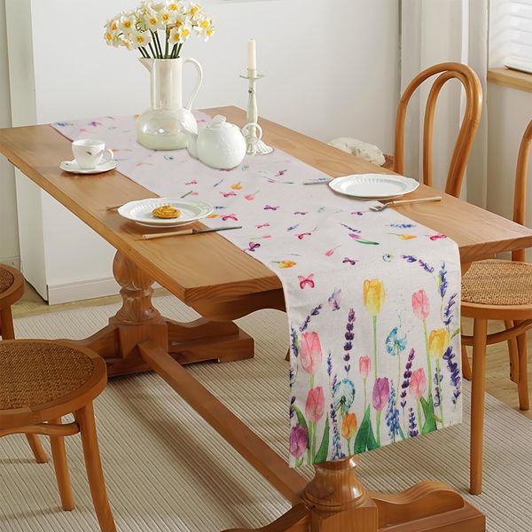 Fychuo Table Runner, 33cm X 183cm Flax Table Runners Washable Colourfast Decorative Table Runner Seasonal Wedding Kitchen Dining Table Decoration for Home Party Decor, Tulips