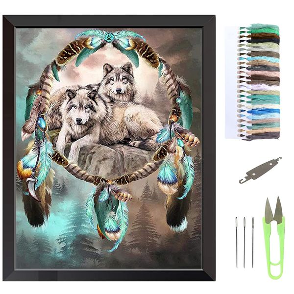 VEGCOO Cross Stitch Kits for Adults Beginners, Pre-Printed Stamped Embroidery Kits Wolves Pattern 11CT Needlework Kit DIY Artwork for Adults Kids Girls Home Wall Decoration Gift(30x40cm)