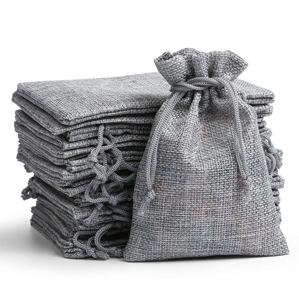 Naler 24pcs Jute Burlap Gift Bags Drawstring Linen Sack Bags Reusable Jewelry Pouches for Wedding Christmas Party Favors DIY Craft Presents, Light Grey