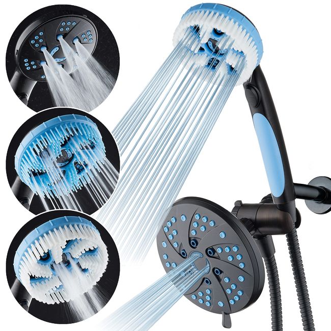 5-in-1 Aquassage by AquaCare - High Pressure 76-mode Shower Head, Combo, Hand Shower, Body Brush & Hair Brush in One! With Two Brackets, Extra-long 6 foot Stainless Steel Hose & Brush Head Holder