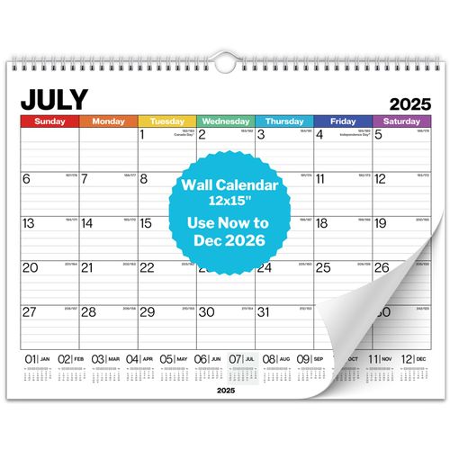 Dunwell 12x15 Wall Calendar 2025-2026 (Colorful), Use Now to Dec 2026, Large Lined 12 x 15 Monthly Calendar, Professional Styling for Home or Office, Premium Paper