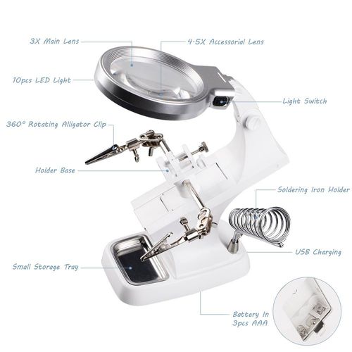 LED Light Helping Third Hand Magnifier Station, YOCZOX Multifunctional Welding Led Magnifier Soldering Iron Stand, 10 LED Lighting 3X Main Lens & 4.5X Accessorial Lens, Auxiliary Alligator Clip, White