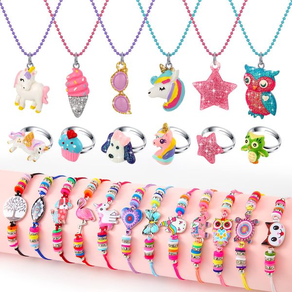 24 Pcs Little Girl Jewelry Set Kids Unicorn Necklace Cute Woven Bracelet Ring for Girls Pretend Dress up Party Favor (Vivid Style)