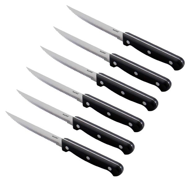 dearithe Steak Knives Set of 6, Black Full-Tang Triple Rivet Serrated Stainless Steel Sharp Blade Flatware Steak Knife Set, 4.5 Inches, For Restaurant Kitchen Camping, Dishwasher Safe