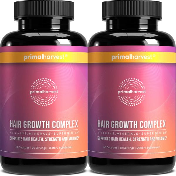 Primal Harvest 2 Pack, Hair Growth Vitamins, Hair Growth for Women & Men - 60 Hair Growth Pills, Natural Hair Thickening Product w/Biotin & Zinc - Hair Supplement, Regrowth Hair Vitamins