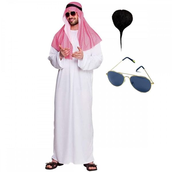 A2ZFD Adult Mens Arab Sheikh Costume + Goatee Beard + Sunglasses : Middle Eastern Fancy Dress (Plus Size (Chest 48'')), White (2494WC CS1)