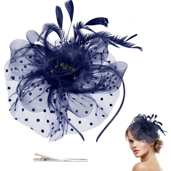 XINRUI Ladies Fascinator Wedding Hat Feather Mesh Veil Wedding Bridal Shower Flower Headband Party Hat Ascot Hair Fascinators for Weddings, Races, Ascot Navy Blue