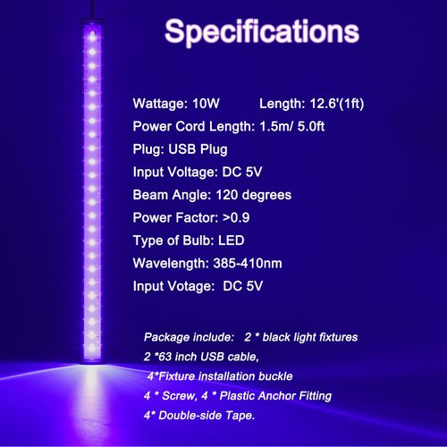 U4GLORY Black Light Bar, 10W 1ft Black Light for Cabinet, USB UV Black Light Fixture for Fluorescent Tapestry Poster, Body Paint, Halloween Decorations, Christmas Party, with On/Off Switch (2-Pack)