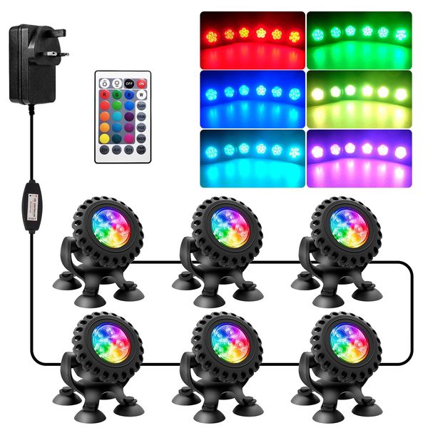 Pond Lights, NATPOW Submersible Lights LED, RGB Spotlights Mains Powered with Remote Control, IP68 Waterproof Aquarium Lights, Multicoloured for Aquarium, Garden, Yard, Pool, Fountain, Pond (6-in-1)